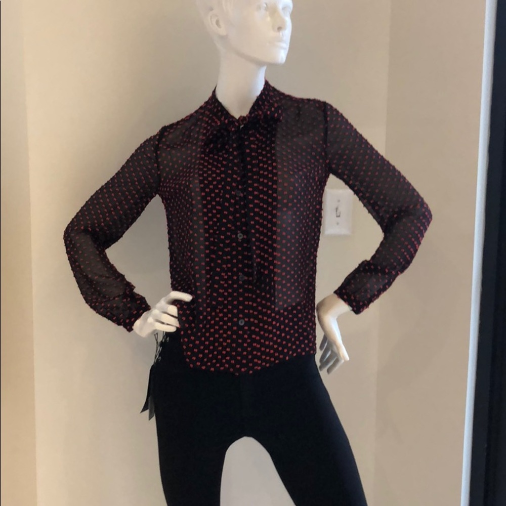 MCQ black long sleeve sheer blouse with red accent